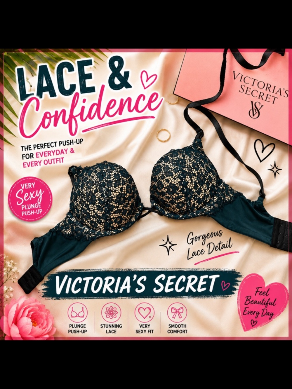 Victoria’s Secret Very Sexy Plunge Lace Push-Up Bra Dark Green/Nude 32C